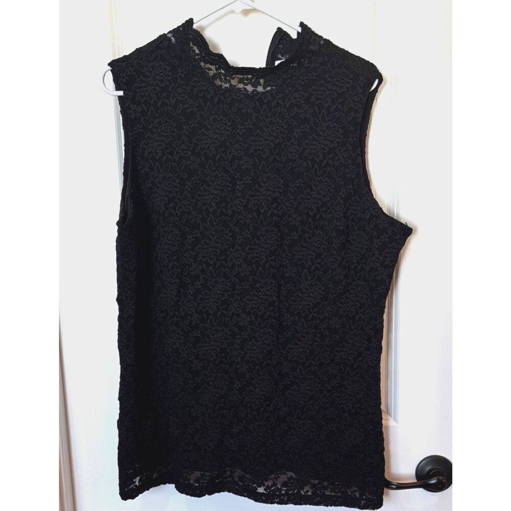 Susan Graver Black Lace Sleeveless Blouse Womens Plus Size 1X Mock Neck Lined